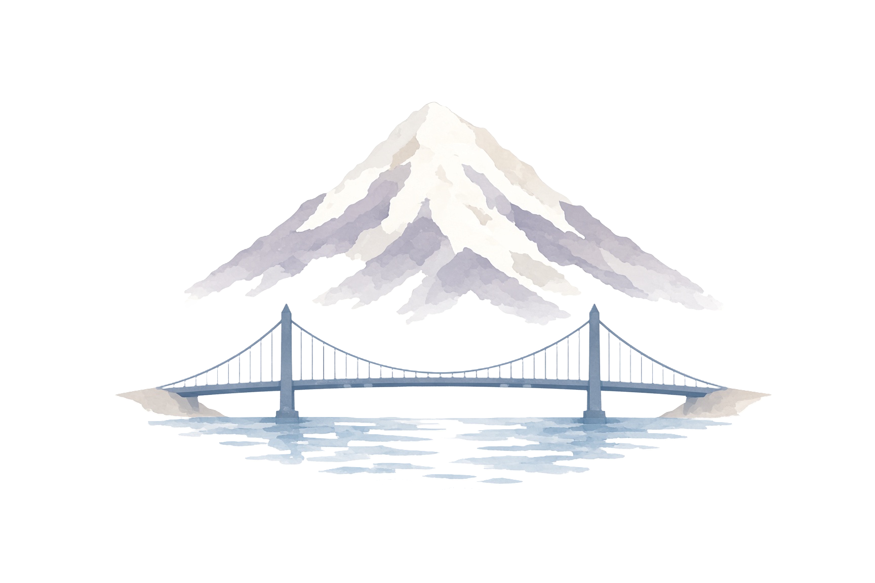 Watercolor illustration of Mount Rainier rising behind the Tacoma Narrows Bridge over Puget Sound